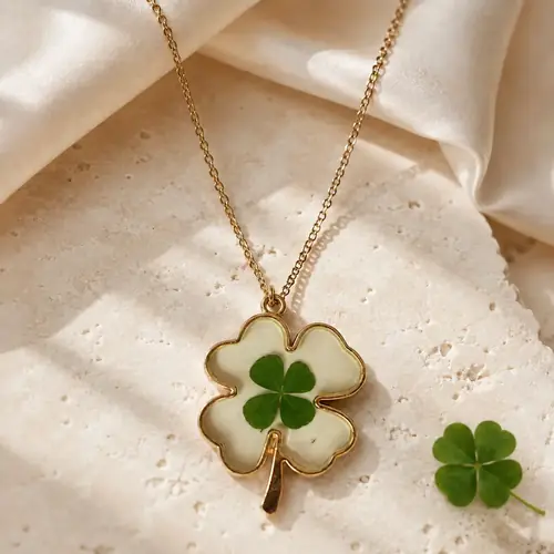 A real four-leaf clover preserved in clear resin and hung as a pendant on a fine gold chain.